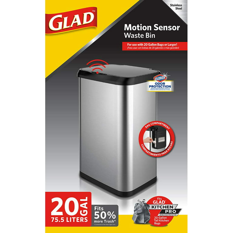 GLAD 20 gal Stainless Steel Sensor Kitchen Garbage Can with Clorox Odor  Protection Lid 