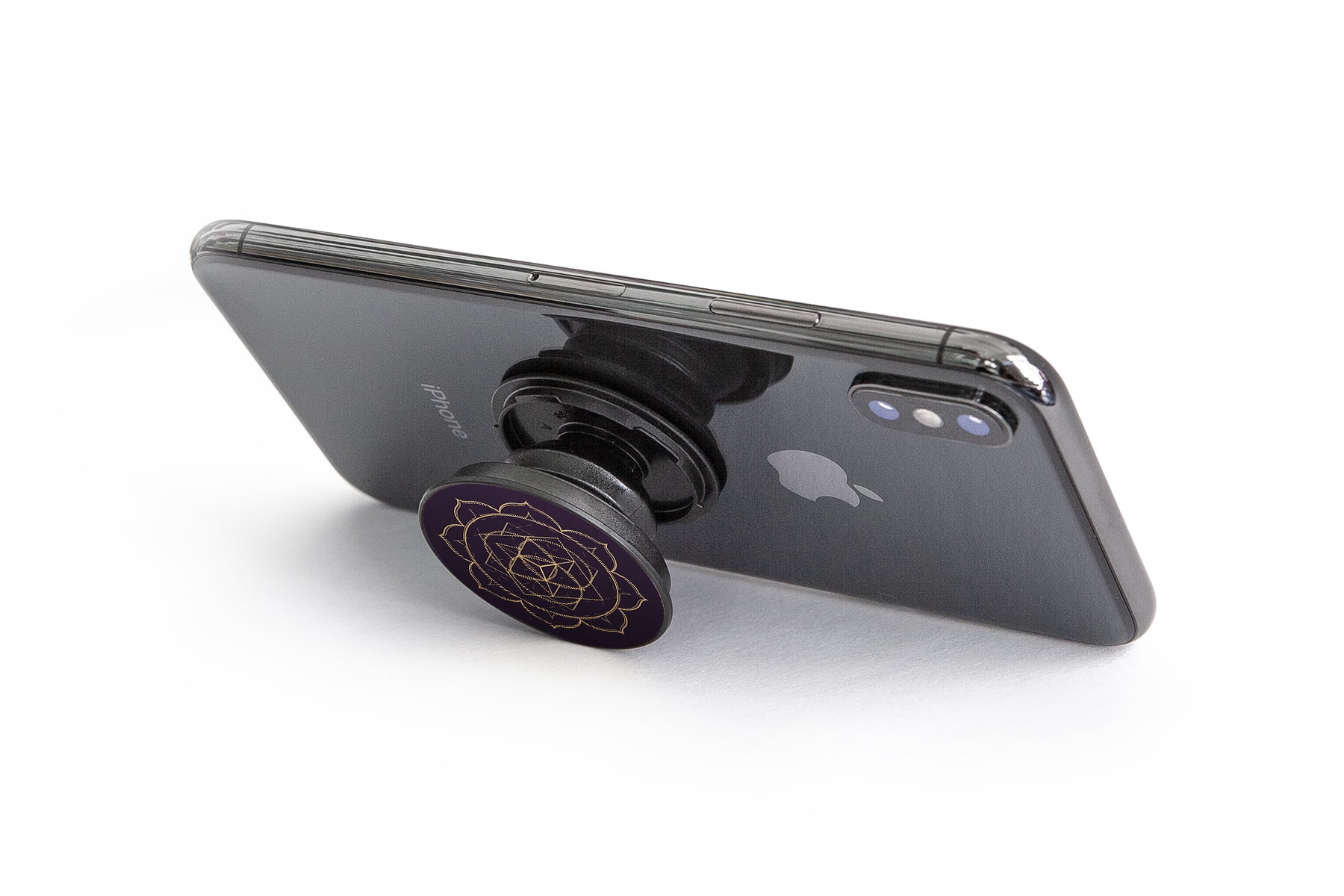 SpinPop Cell Phone Pop Grip Holder, Black with Rose Gold Lotus Design