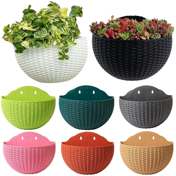 Wall Hanging Flowers Planter, Imitation Rattan Wall-Mounted Semicircular Flower Pot, No-Drill Hanging Flower Basket, Hydroponic Flower Pot, for Indoor Outdoor Balcony Fence 1Pack