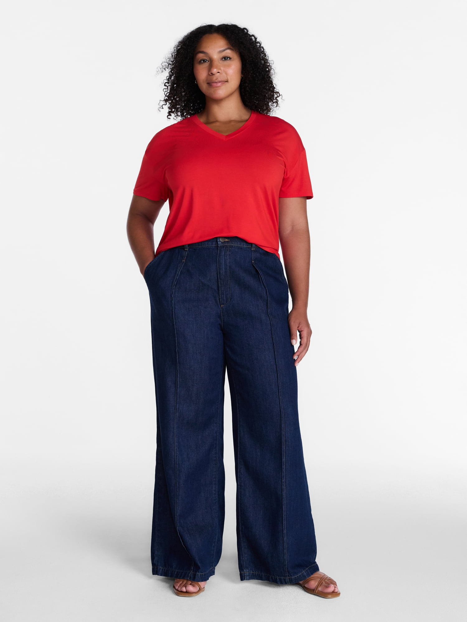 Time and Tru Women's High Rise Drapey Pleated Wide Leg Jeans, 30" Inseam, Sizes XS-XXXL