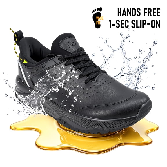 Sosenfer Non Slip Work Shoes for Men,Wide Toe Mens Slip On Shoes,Water Resistant Black Work Shoes,Slip Resistant Leather Kitchen Chef Shoes for Standing All Day 9.5