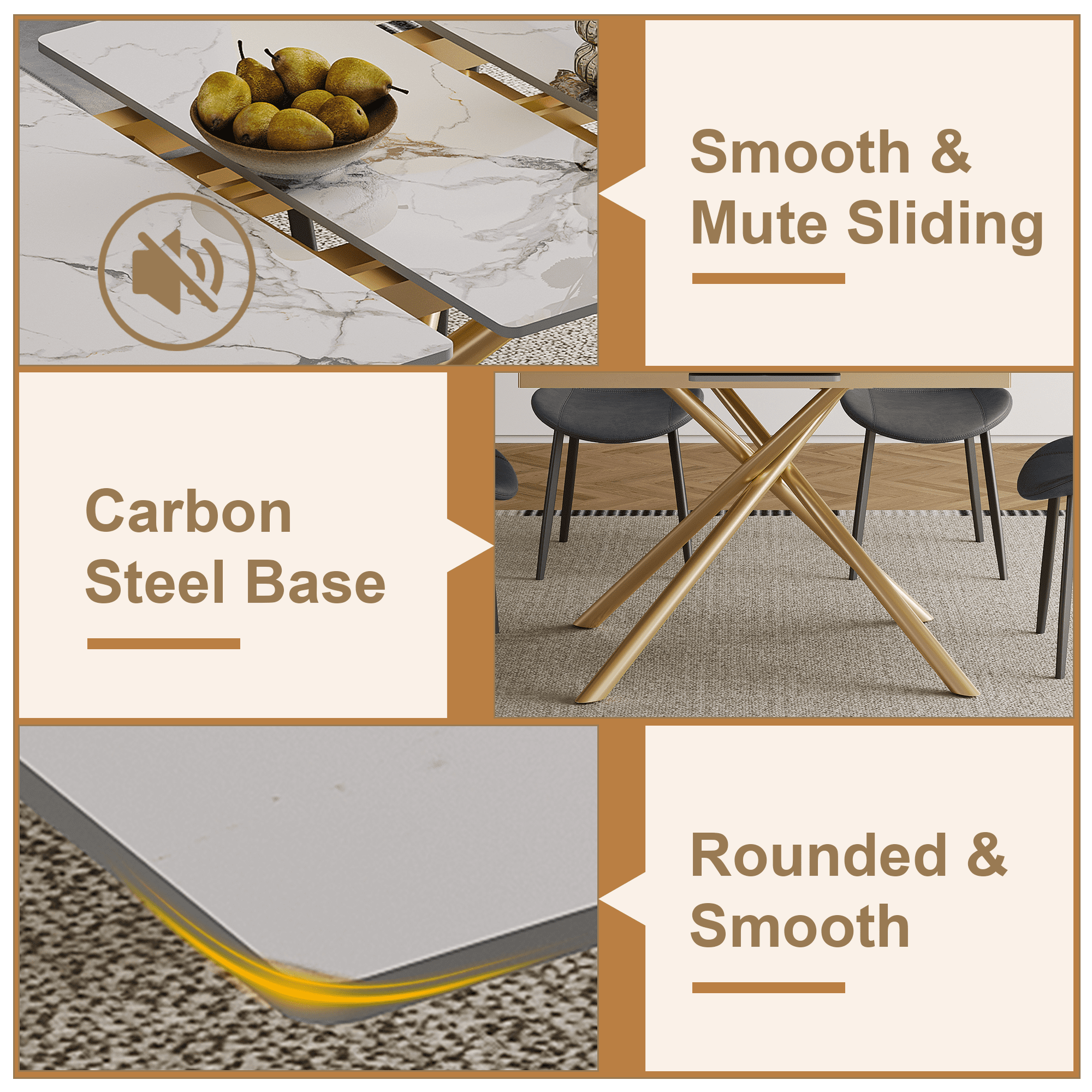Montary 59-inch Modern Rectangle Expandable Dining Table with Retractable Leaf, Sintered Stone Top & Golden Carbon Steel X-Base, Dining Table Set with 4 Gray PU Chairs for Apartments, Kitchen