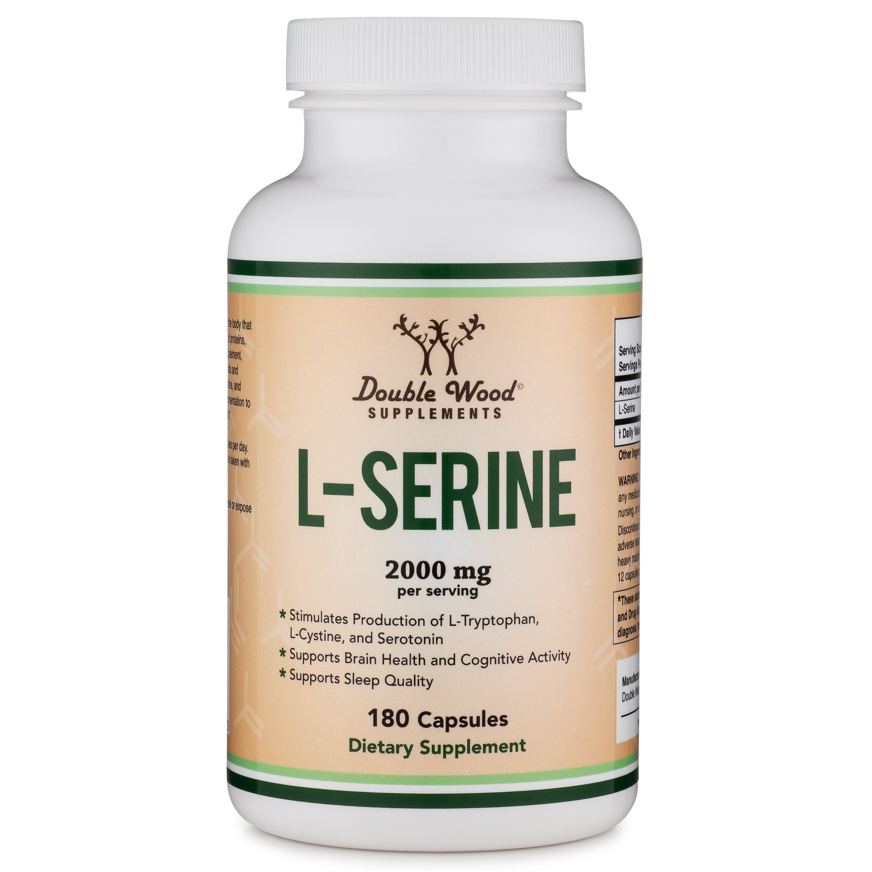 L-Serine Capsules - 2,000mg Serving Size Used in Study on Cognitive Function, 45 Day Supply, 180 Count (Amino Acid for Serotonin Production and Brain Support)