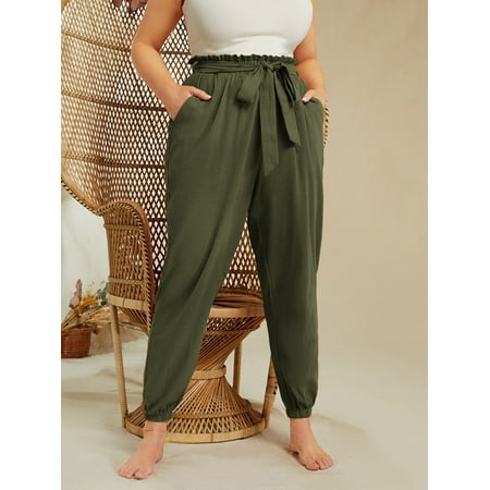 Army Green Casual Women s Plus Size Paperbag Waist Belted Pants 0XL(12) Y22003D | Walmart (US)