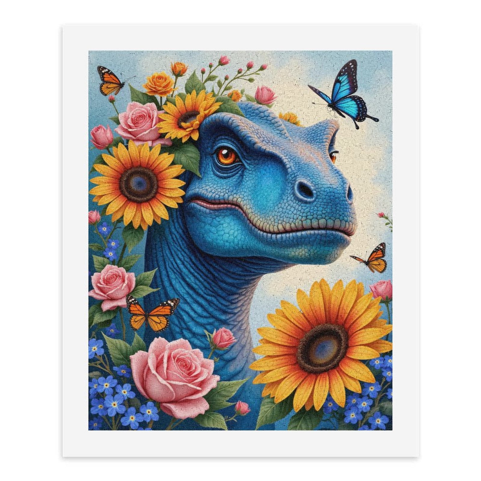 Paint by Numbers Kit for Adults, Blue Dinosaur Floral Butterflies Paint by Numbers, Easy Paint by Numbers Kit for Adults Beginner, DIY Adult Paint by Number Kits on Canvas, Home Decor 12x16in