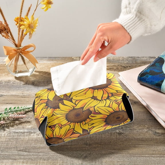 Seamless Sunflower Pattern Leather Tissue Box Cover Rectangle Tissue Holder Foldable