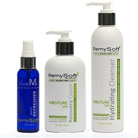 RemySoft Moisturelab Rapid Renewal System - Safe for Hair Extensions, Weaves and Wigs - Salon Formula Shampoo, Conditioner & Leave-In Conditioner - Gentle Sulfate-free