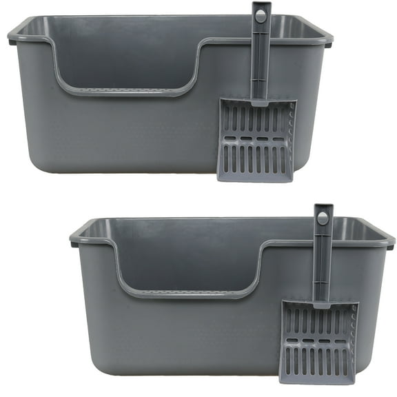 Easymanie 2 Pack Cat Litter Basin with Scoop, High Side Plastic Litter Box, Grey
