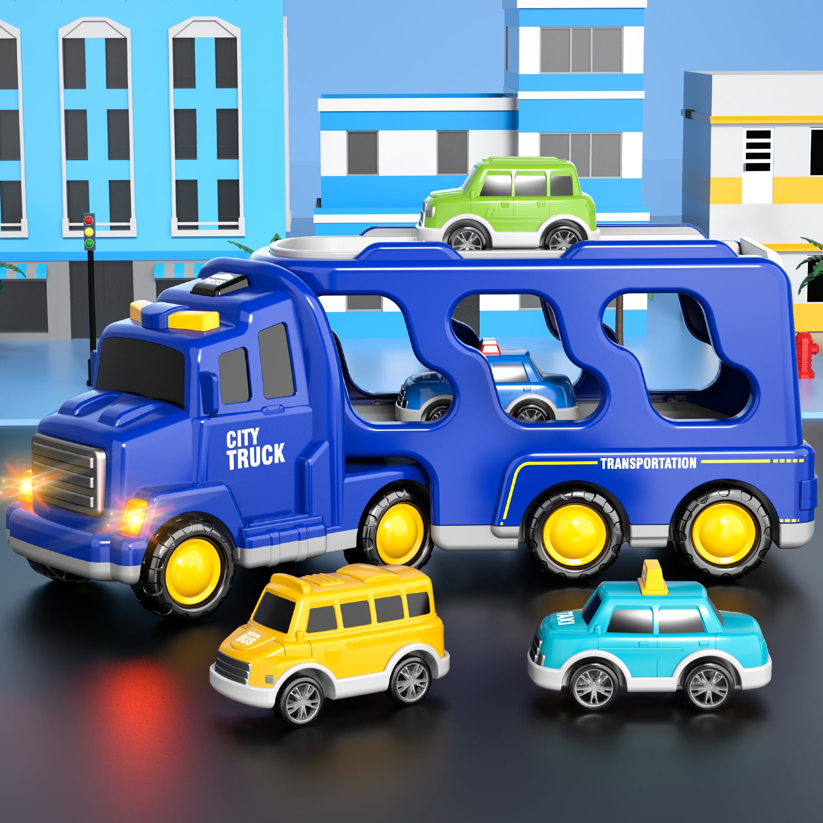 Lucky Doug Small Transport Truck Toys for Toddlers Ages 1-3-5, 5 in 1 Carrier Truck Toys with Light and Sound, Boys Birthday Gift Toys for a 2 3 4 5