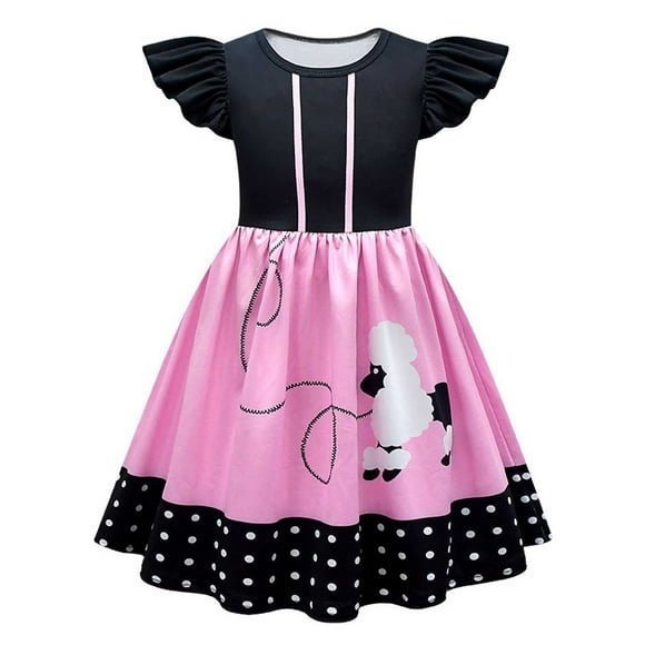Hfolob Girls Summer Dresses 1950S Poodle Dog Print Skirt Vintage Style Flowy Sundress Casual Dresses 7-9 Years