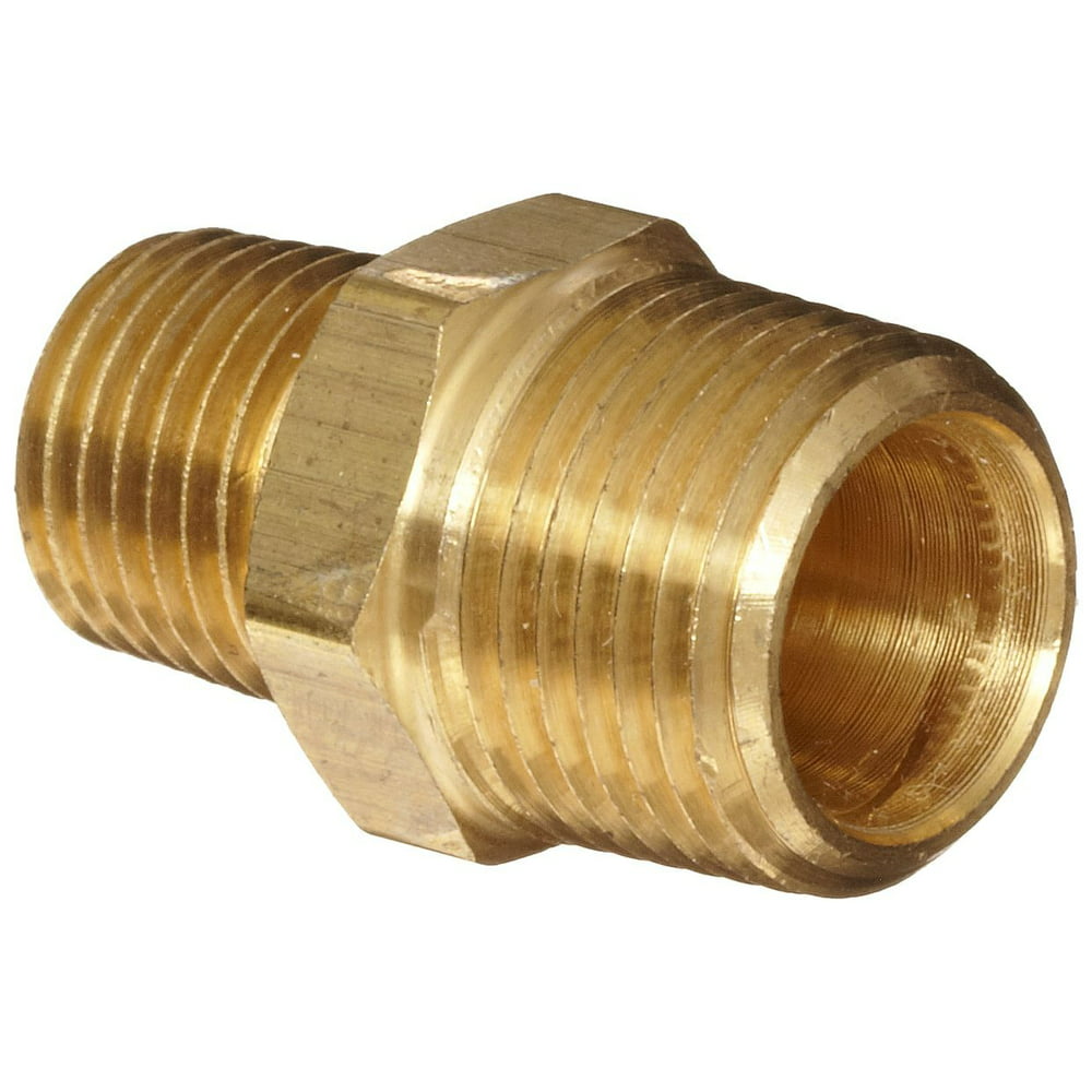 Brass Pipe Fittings, Reducing Hex Nipple - 3/8" Male Pipe x 1/8" Male