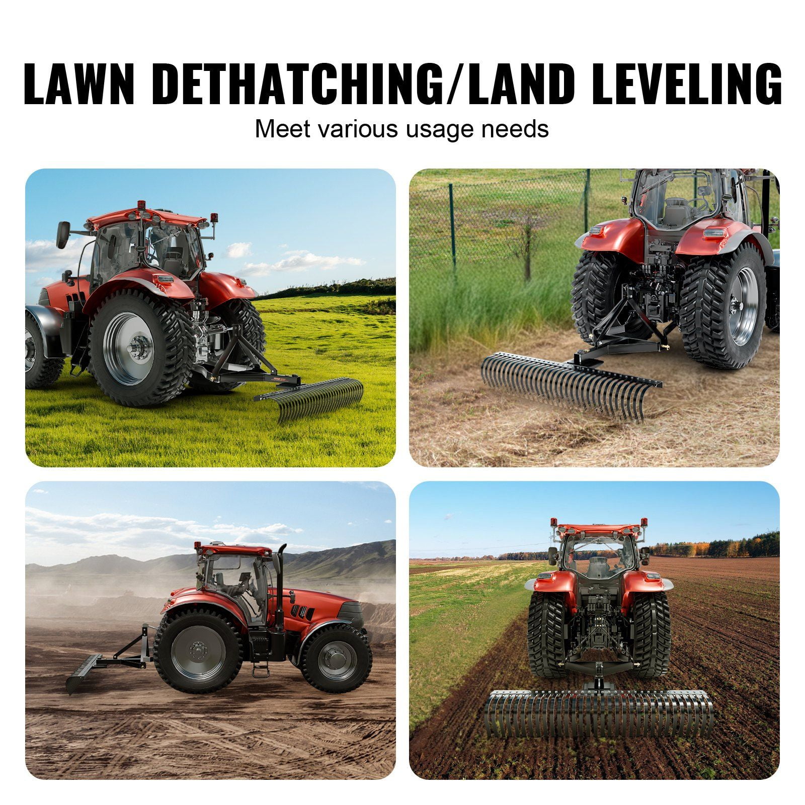 Dranite 60" 3-Point Hitch Thatch Rake – Tractor-Mounted Pull-Behind Dethatcher with 32 Steel Prongs