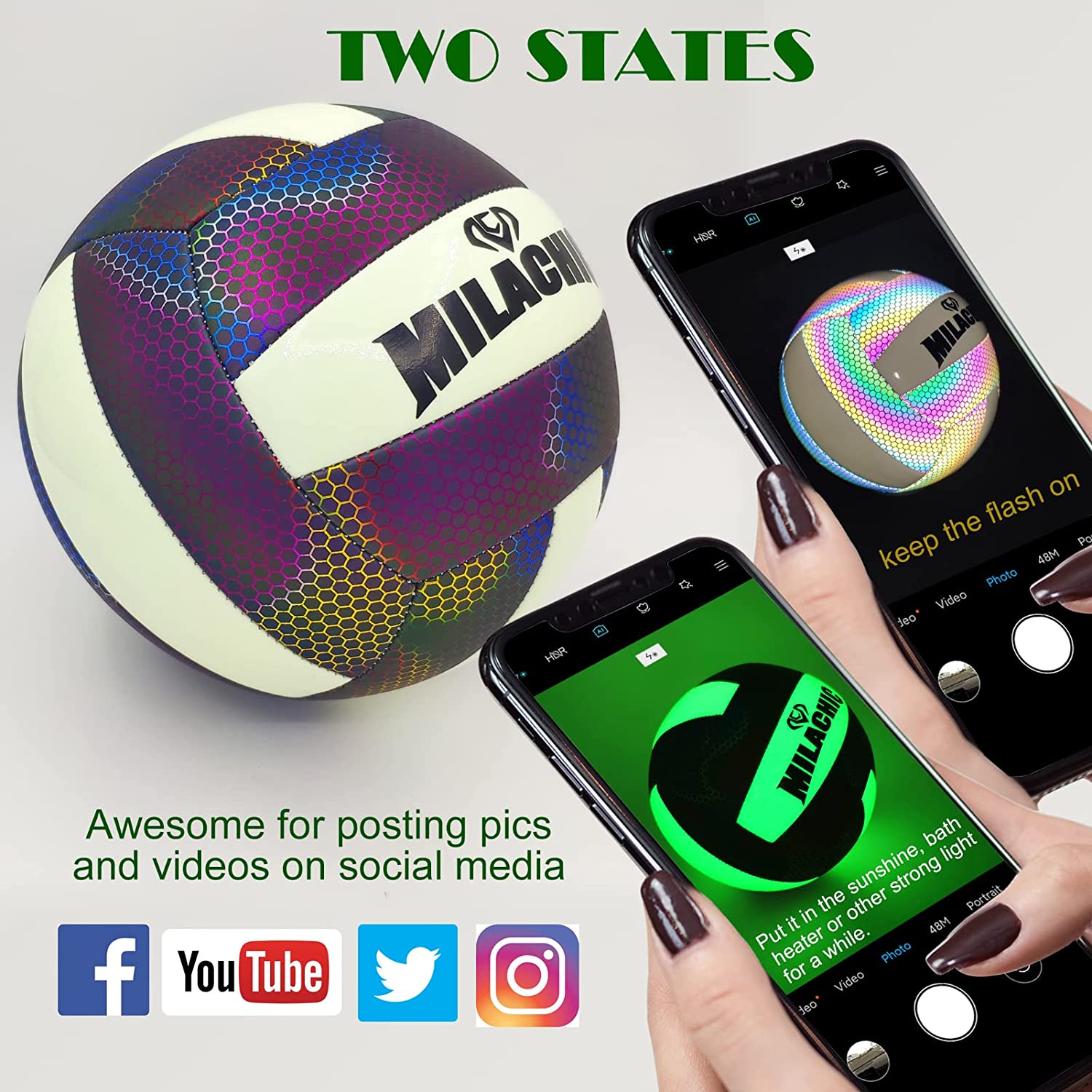 Volleyballs, Holographic Glow in the Dark Volleyball Official Size 5, Indoor Outdoor Beach Volleyball Ball for Men Women
