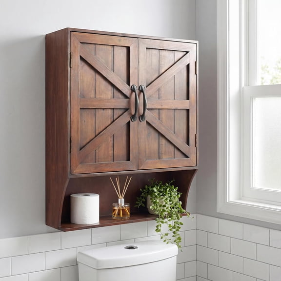 FLORA Farmhouse Wall Mounted Storage Cabinet, Medicine Cabinet with Doors, Wood Vintage Bathroom Wall Cabinet Over Toilet for Bathroom, Kitchen, Living Room, Rustic Brown