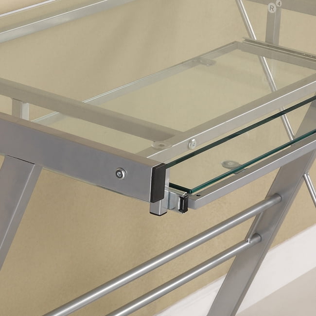 Walker Edison Glass Computer Desk With Keyboard Tray Silver