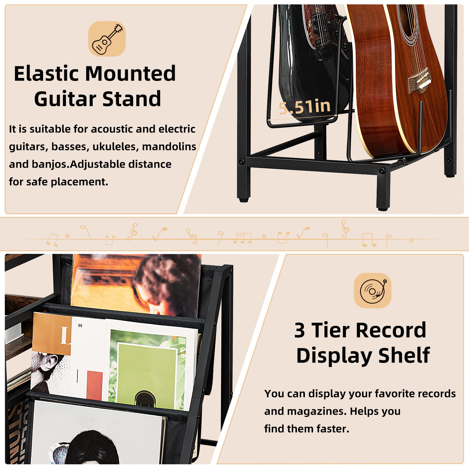 Vinyl Player Stand, Adjustable Guitar Stand for Acoustic Guitar, Violin, 3-Tier Turntable Stand with Vinyl Storage, Holds Up to 150 Albums, Retro Media Console Table for Living Room