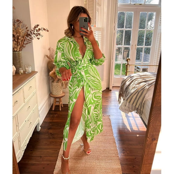 Long Dress V-Neck For Women,Skirt Summer Women'S Holiday Style Dress Geometric Collage Puff Sleeves Street Fried Street Plus Size Skirt