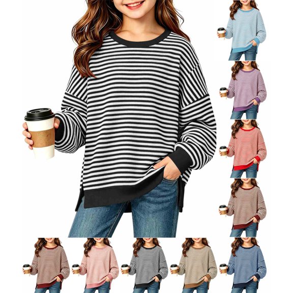 Girls Oversized Striped Pullover Sweatshirt Soft Crew Neck Long Sleeve Shirt with Pockets Casual Daily Wear for Girls 5-15Y