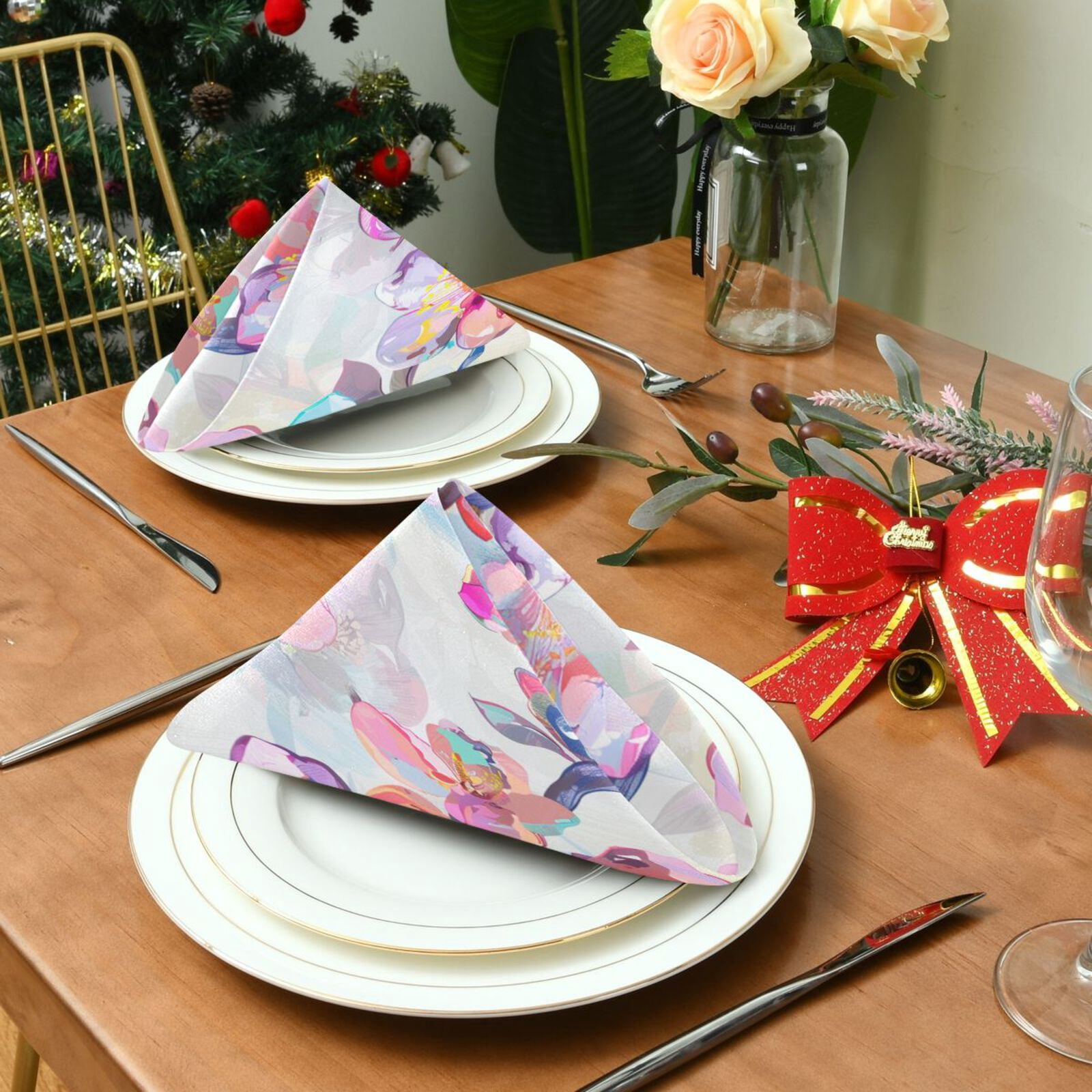 JSTEL Cherry Blossom Watercolor Cloth Napkins Set of 6, 20x20 Inch Washable and Reusable Napkin for Decoupage Dinner Party Everyday Use