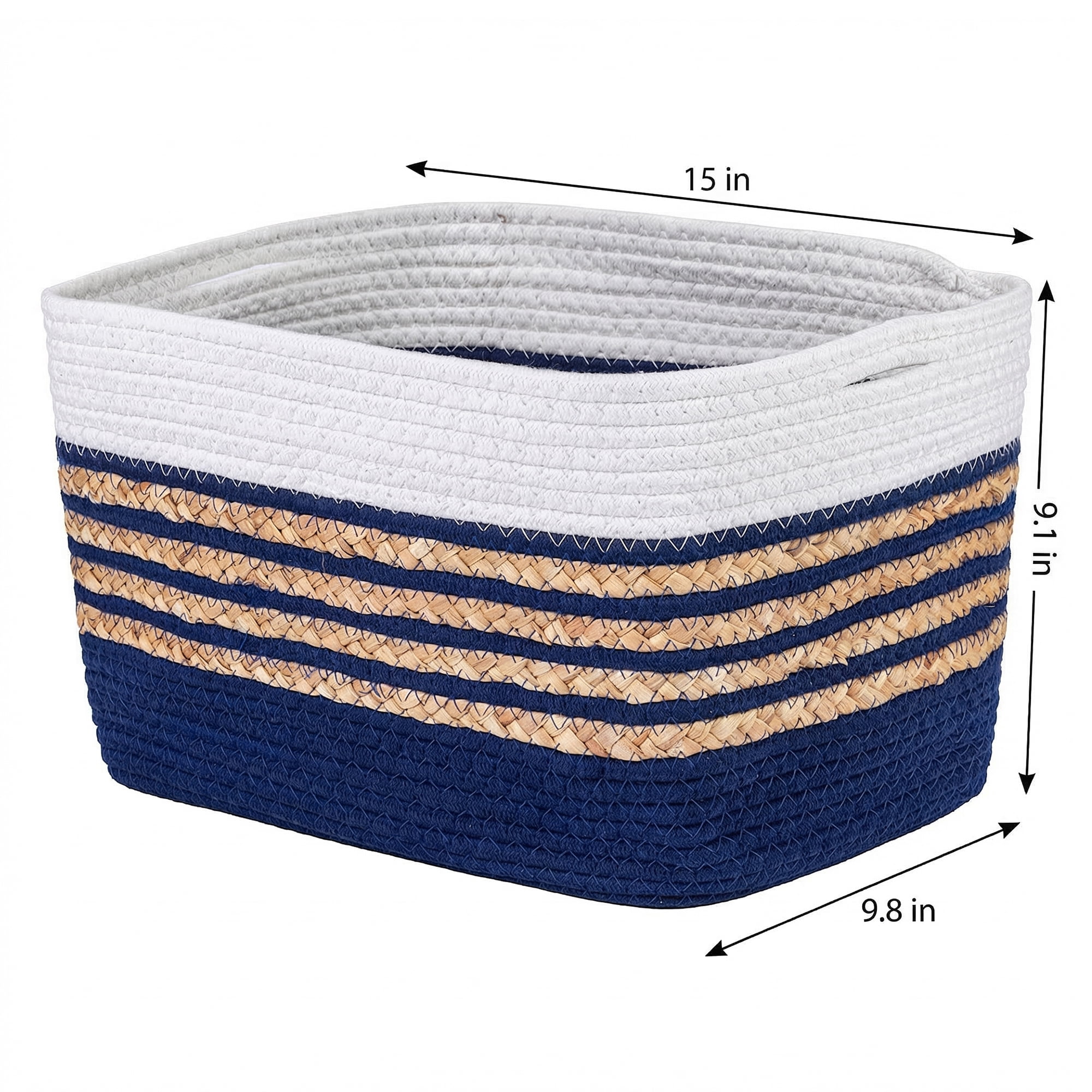 Unique Bargains Woven Storage Basket Storage Bin Blue White 15*9.8*9.1in