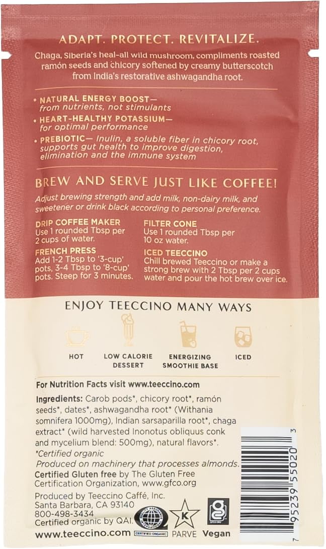 Teeccino Mushroom Adaptogen Herbal Coffee Sampler - 6 Trial-Size Packets, Medium Roast, Caffeine Free, Prebiotic