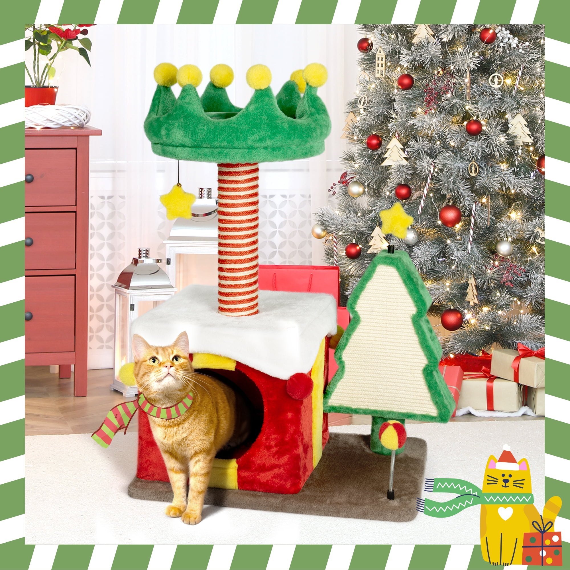 LHBCraft Christmas Cat Tree, 33.5" Multi-Level Cat Tower with Cat Condos, Top Perches, Sisal Ramp Scratching Posts, Cozy Basket, Hammocks, Large Cat Pet Activity Structure