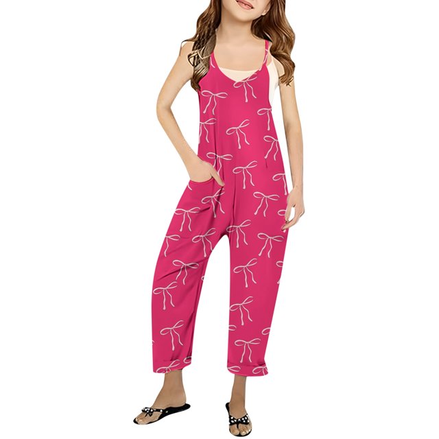 Girls Romper Bow Print Jumpsuits Rompers for Girls Loose Casual Rompers with Pockets Outfits for Girls 8-10 Y