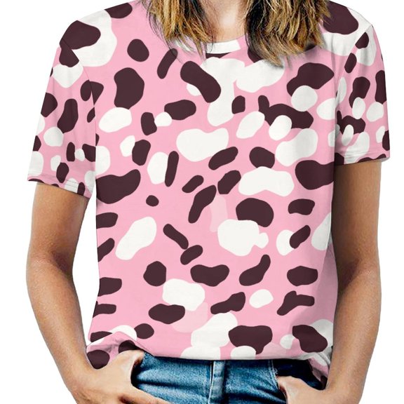 Leopard Print Pattern Women's Short Sleeve T-Shirt Crew Neck Casual Summer Trendy Loose Fit Tops