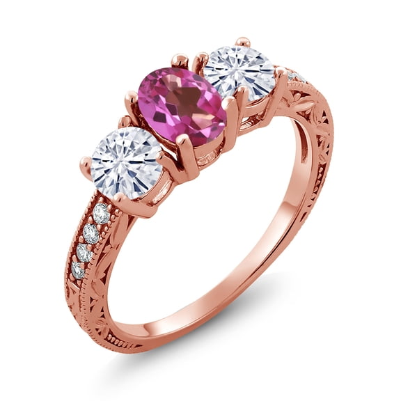 Gem Stone King 18K Rose Gold Plated Silver 3-Stone Ring Mystic Topaz Moissanite(1.92 Cttw) (Size 9)