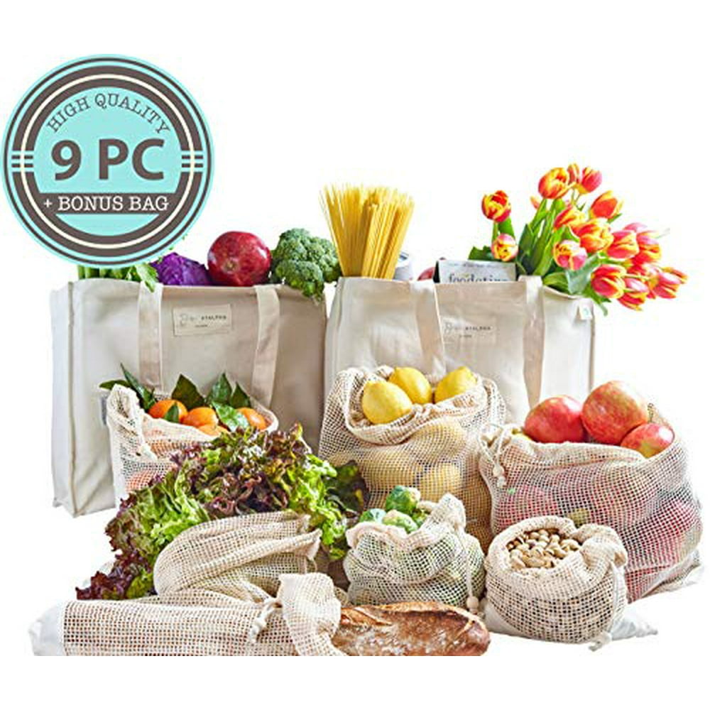 Atalpha 100 Organic Reusable Cotton Grocery Bags 9 Pc Set Premium Shrinkresistant, Washable