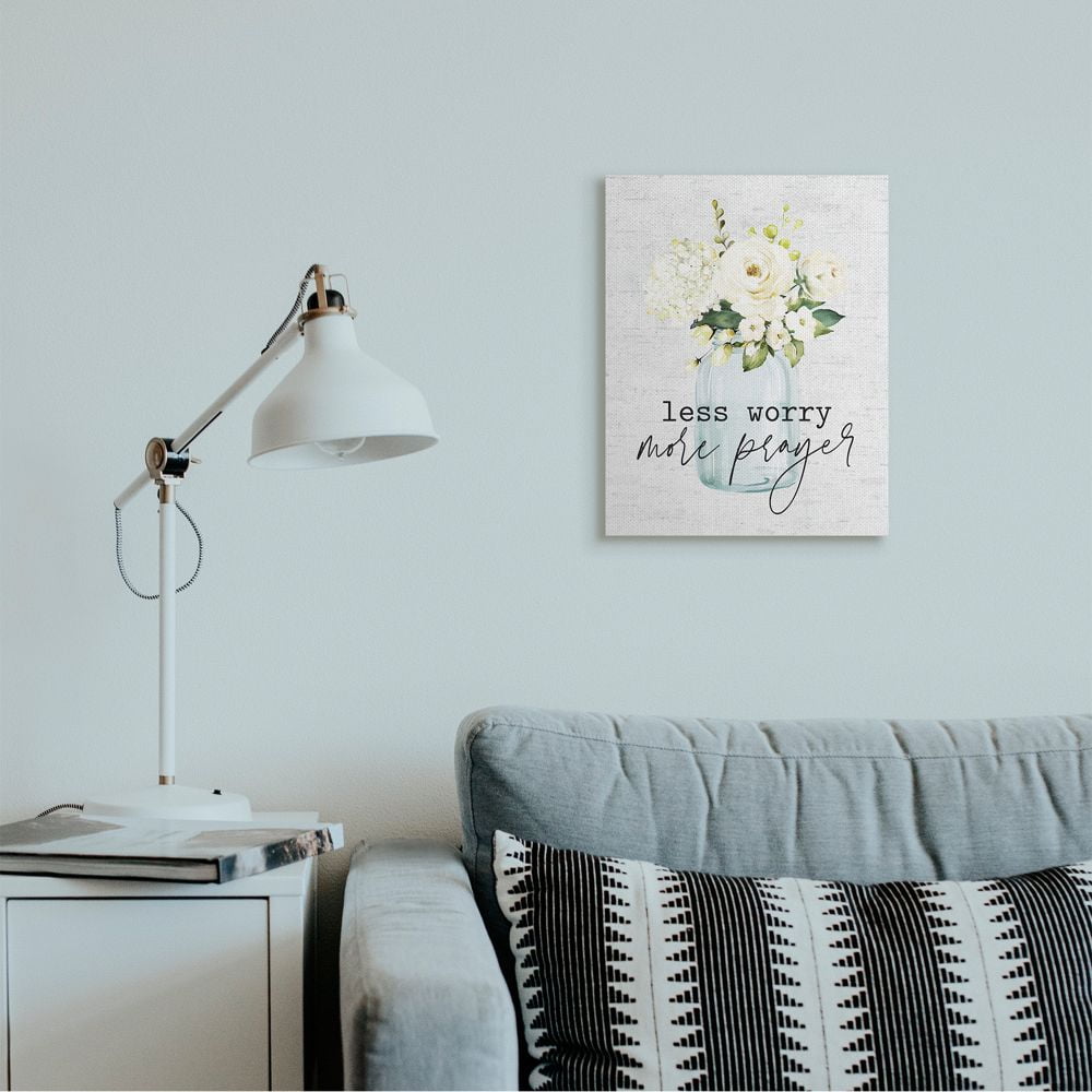 Stupell Industries Less Worry More Prayer Phrase Cottage Floral Bouquet Canvas Wall Art Design by Lettered and Lined