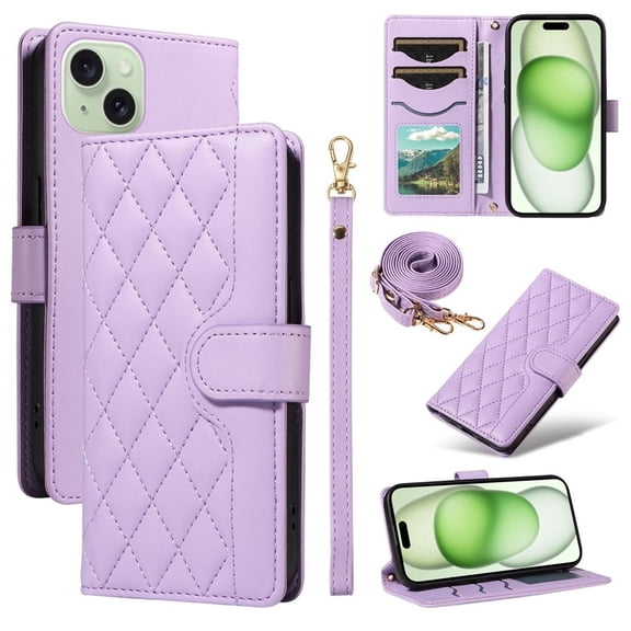 For iPhone 15 Wallet Grid Texture Magnetic Flip Cover Card Holder & Bills Slot, Soft PU Leather Magnetic For Women Wallet Case With Detachable Shoulder Strap And Wrist Strap,Purple,For iPhone 15