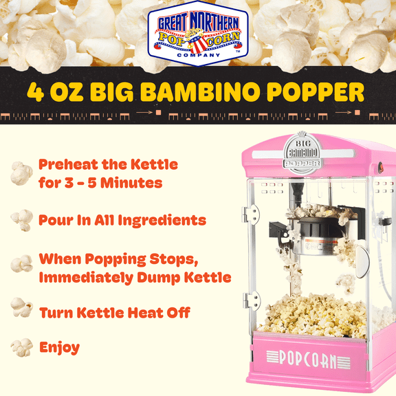 Great Northern Popcorn Big Bambino Popcorn Machine with 4oz Kettle (Pink)