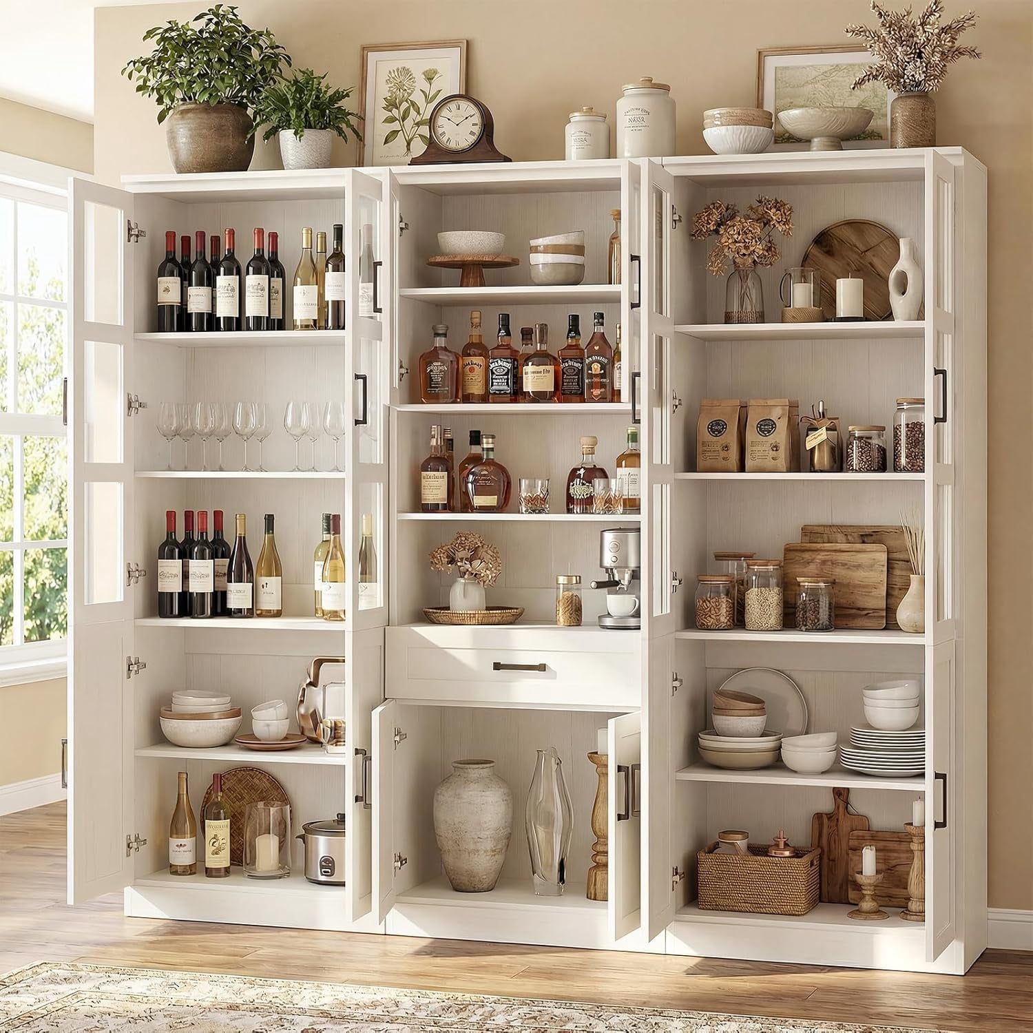 Homieasy 79.7'' Tall Pantry Cabinet 3-Piece Set - 70.8'' Width Kitchen Hutch Cabinet with Drawer and Adjustable Shelves, Suitable for Dining/Kitchen/Living Room, Off-White