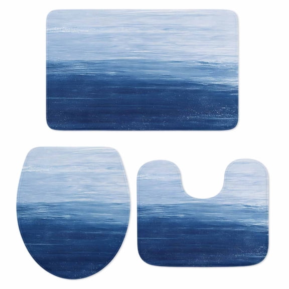 Navy Blue Ombre Bath Mat 3 Piece Bathroom Rug Set, Modern Abstract Art Ocean Oil Painting Non Slip Bath Rug Contour Mat and Toilet Lid Cover, Absorbent Shower Mats Soft Bath Rugs and Mats Sets