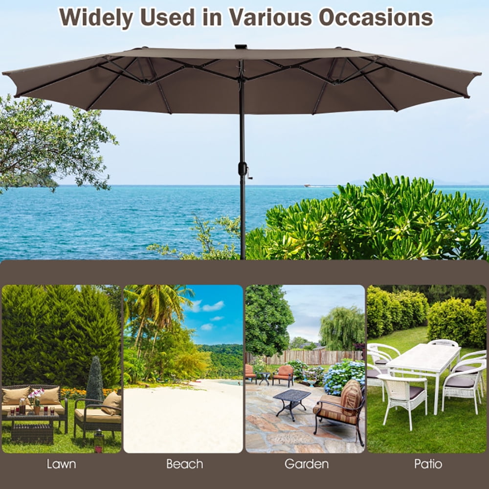 Aimee Lii 15 Feet Twin Patio Umbrella with 48 Solar LED Lights, Outdoor Umbrellas for Patio, Brown