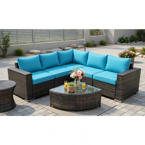GVN Outdoor Furniture Sets, Outdoor Conversation Set,6 Piece Wicker Patio Sectional Sofa Set with Tempered Glass Coffee Table-Turquoise