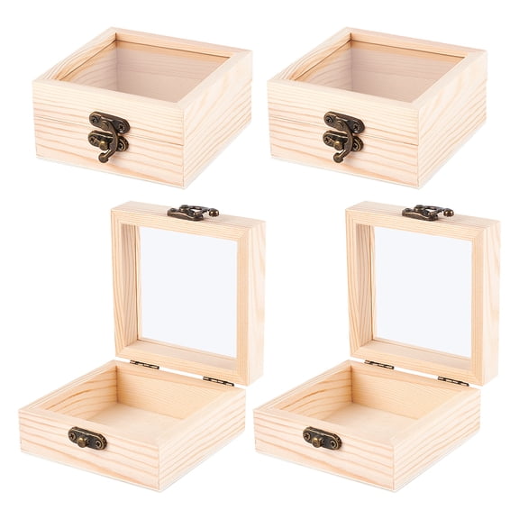 4pc Wooden Box Flip Cover Box with Iron Lock Clasps & Glass Visual Window Rectangle BurlyWood 4x3-1/2x1-3/4 inch(10x9x4.5cm)