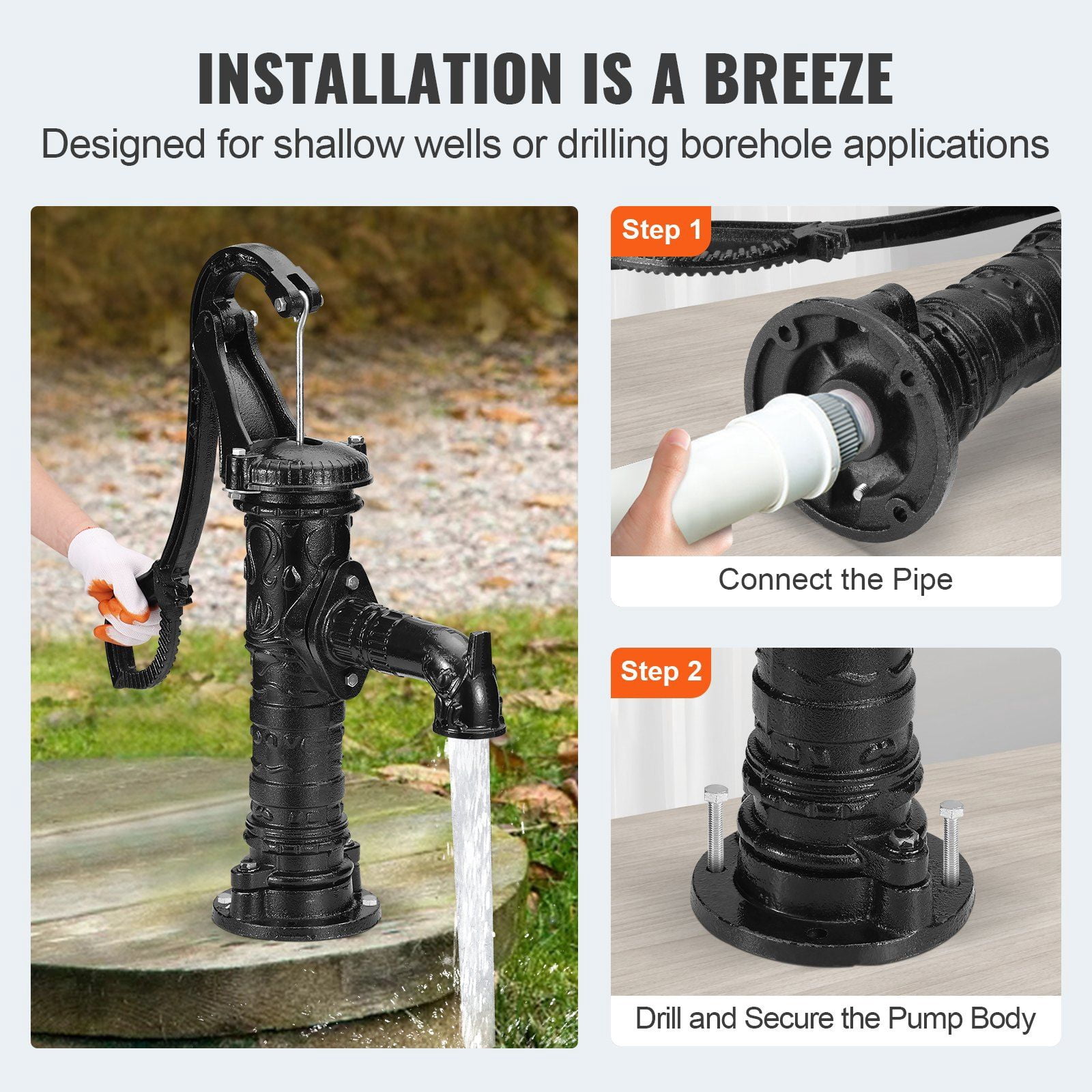 Old Fashioned Cast Iron Hand Pump for Well, 14.6 x 5.9 x 25.6 Inch Pitcher Water Pump with Handle, Antique Yard Garden Pond Pump, Pre-Set 0.5" Holes for Quick Installation, Black