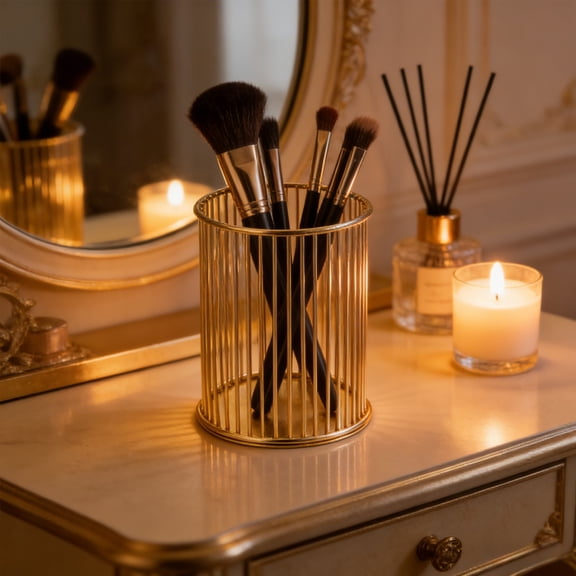 YiJuHui Metal Pen Holder Makeup Brush Organizer Gold Wire Desk Storage Cup Office Vanity Cosmetic Organizer Multipurpose Container for Home and Office Supplies