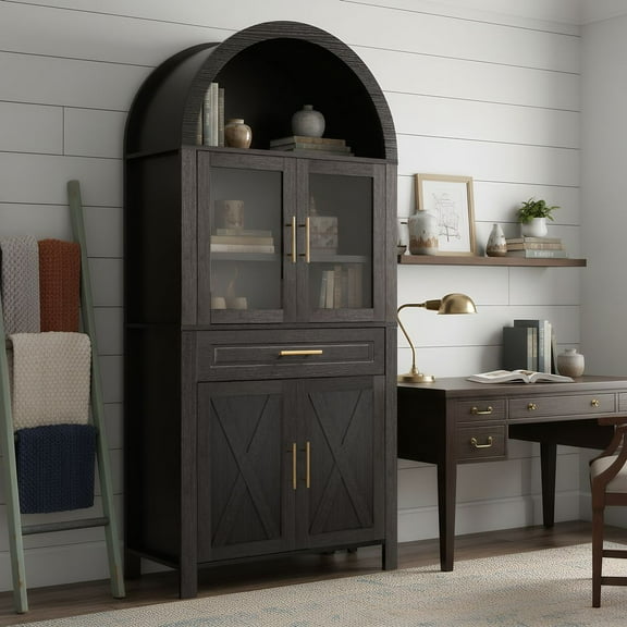 MIDOQIN 71" Tall Arched Bookcase, 5 Tier Farmhouse Arched Bookshelf with Large Drawers, Shelves, Black