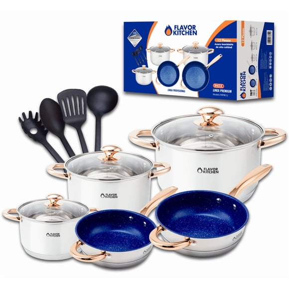 Flavor Kitchen Batería de Cocina 12 Piezas | Sartenes Antiadherentes y de Acero Inoxidable Quirúrgico | Juego de Ollas y Sartenes | Apto para Inducción, Horno y Lavavajillas | Libre de PFOA y PTFE