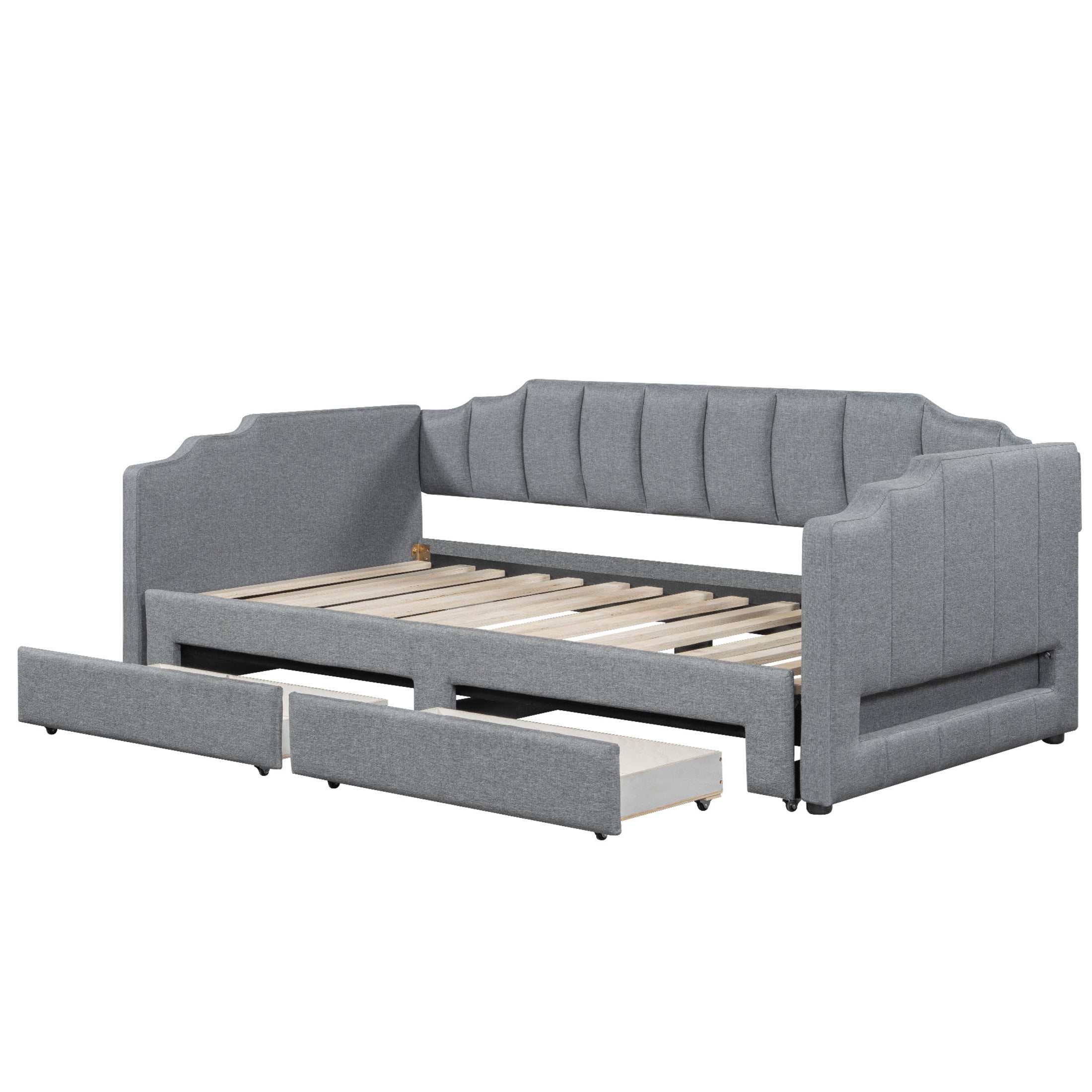 Noble House Twin XL to King Extendable Daybed with LED Light and Storage Drawers, Linen Upholstered, Gray