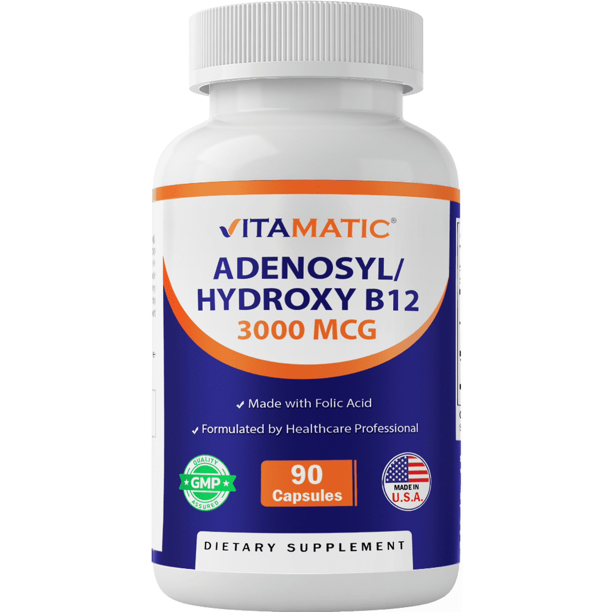 Vitamatic Adenosylcobalamin Hydroxocobalamin B12-3000 mcg with Folic Acid – Dual Active Form of B12 – Non-GMO, Gluten-Free, Sugar-Free – 90 Veg Capsules – Made in USA