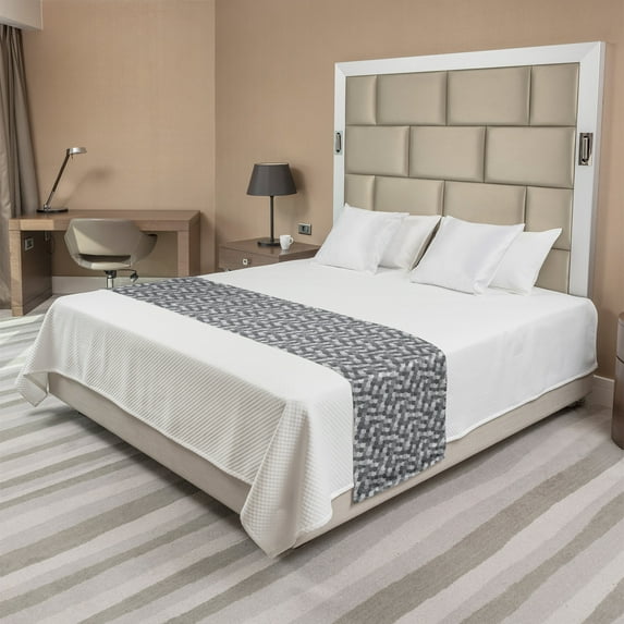 Abstract Bed Runner, Continuous Semi Circles in Greyscale Tones Squama Style, Decorative Accent Bedding Scarf for Hotels Homes and Guestrooms, King, Pale Taupe Dark Grey, by Ambesonne