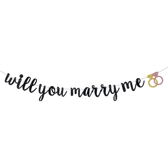 Will You Marry Me Banner, Proposal Party Garland Shiny Black Glitter Paper Sign Valentine's Day Wedding Marriage Proposal Engagement Party Decorations Pre-Strung
