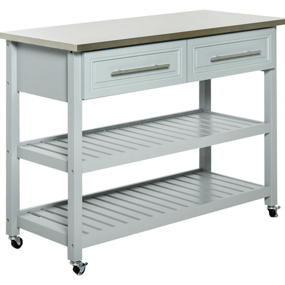 Kitchen Cart With Stainless Steel Top, 2 Open Shelves, Drawers, Gray, Rustic Style For Home Island, Inspired Decor