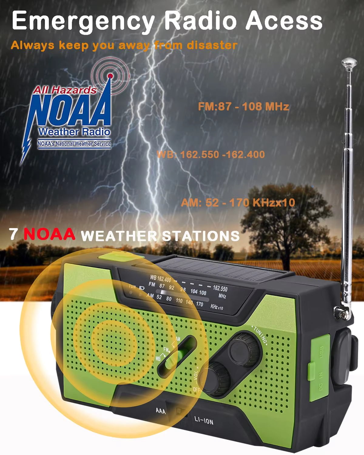 NOAA Emergency AM/FM/WB Radio with Flashlight, Reading Light, 4 Way Power Bank, SOS (BLUE)