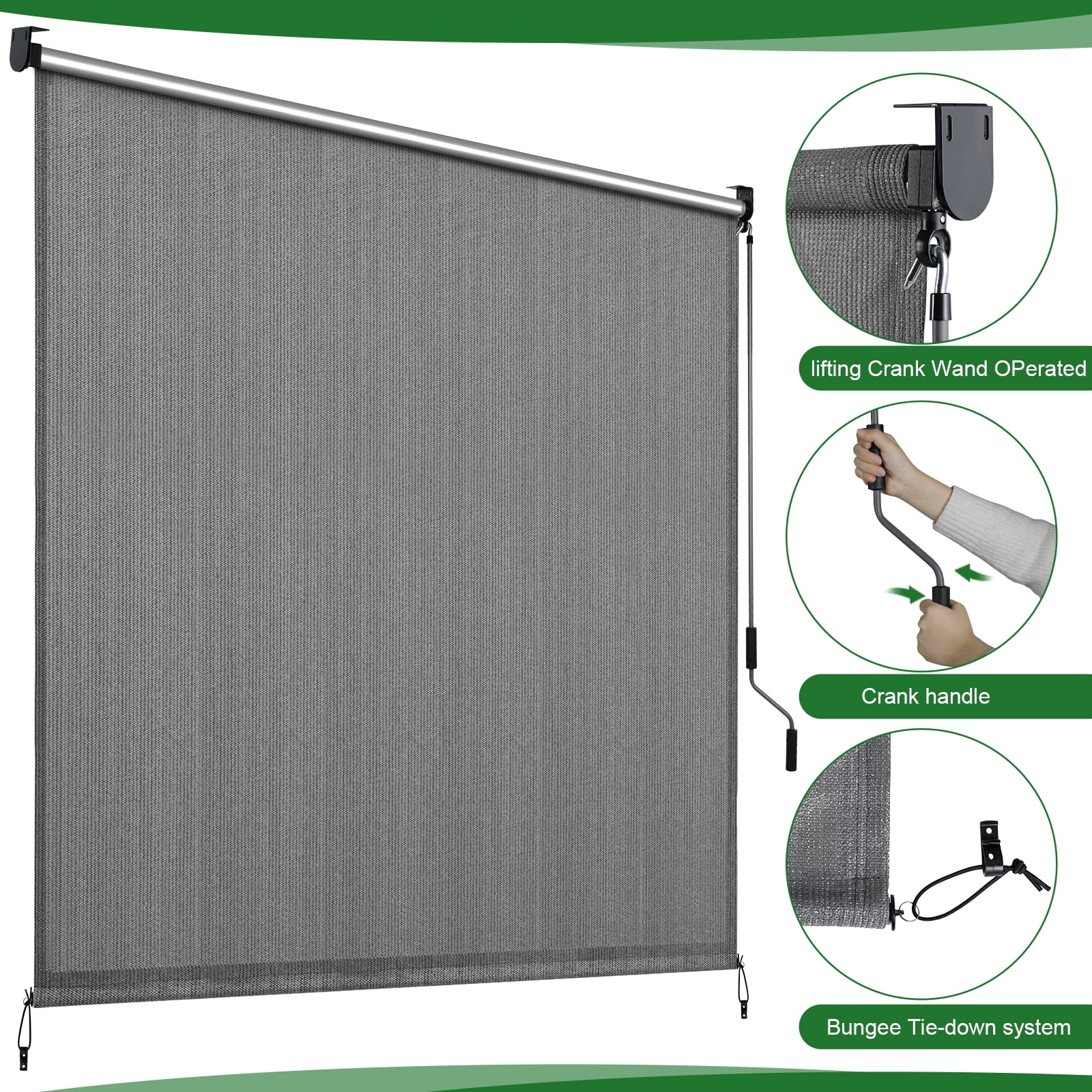 LIFERUN Outdoor Roller Sun Shade 8'W x 8'H, HDPE Shade Cloth & Aluminum Tube, Easy Install for Outdoor Pergola, Porch, and Garden (Gray)