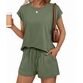 thumbnail image 4 of Womens Crew Neck Two Piece Short Sets Cap Sleeve Drawstring Summer Sweatsuit with Pocket Green L, 4 of 8